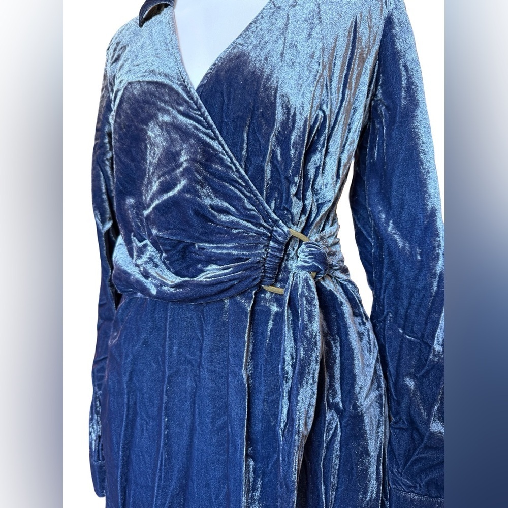 Anthropologie Maeve Women's Deep Blue Velvet Wrap Dress Size 6 V-Neck Belted - Picture 3 of 11
